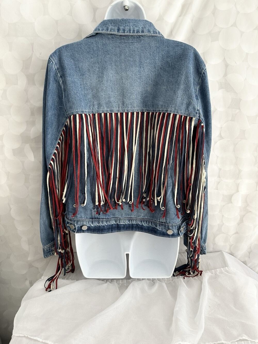 Scully Women’s S Red White Blue Fringe Denim Jacket Cropped USA Festival Boho
